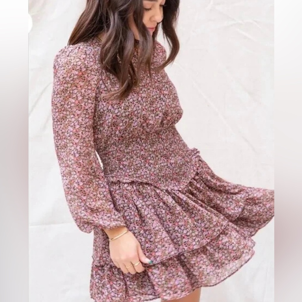 MINKPINK Floral Long Sleeve Tiered Mini Dress in Pink and Brown - Picture 1 of 5